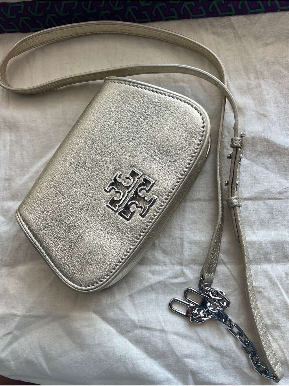Tory Burch metallic gold leather clutch fold over crossbody handbag